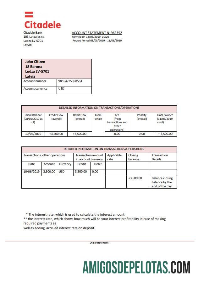 Modelo de extrato bancário Citadele para impressão da Letônia, formato Word e PDF (.doc e .pdf)